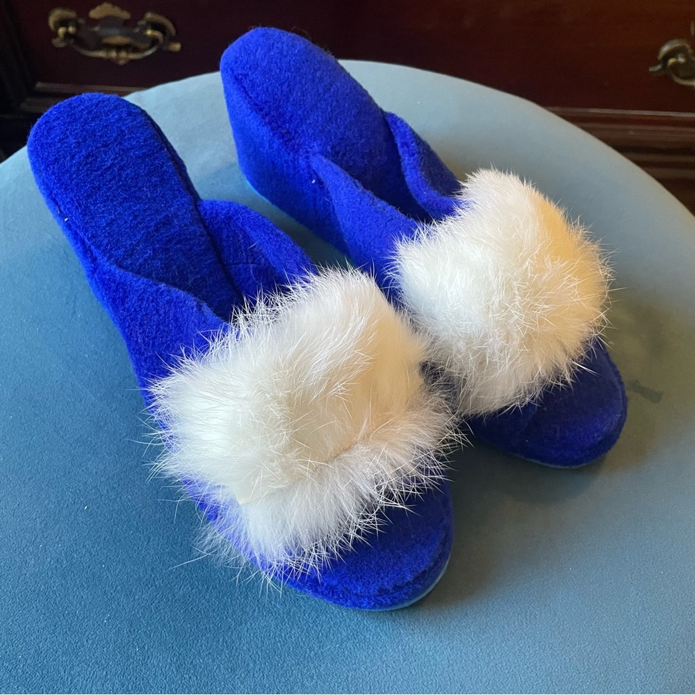 Vintage Royal Blue White Fur Boudoir Slippers from the 1940s, 1950s, or 1960s